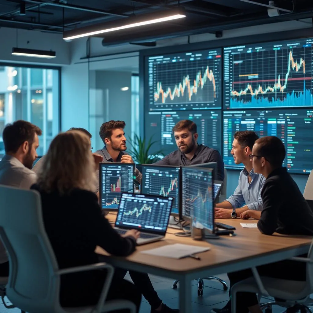 Équipe FinTechIA France en discussion stratégique autour d'écrans affichant des données financières et des graphiques IA.